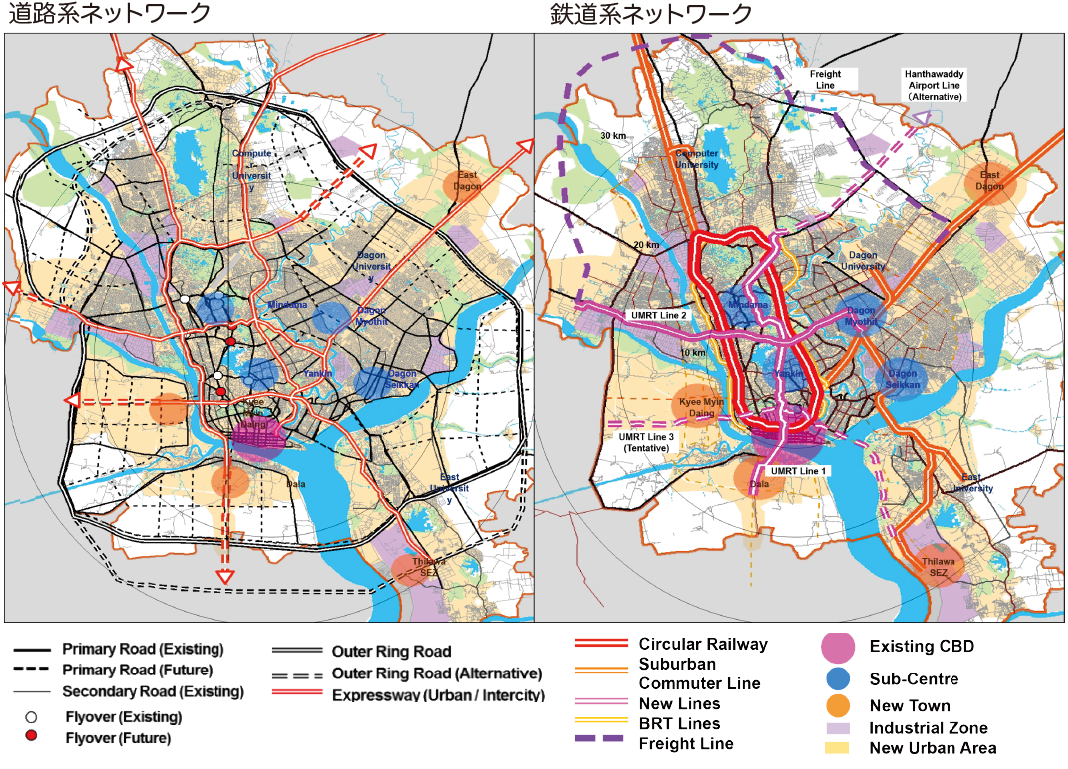 ヤンゴン（ミャンマー）の都市交通計画（2035年）【図】　１．将来道路ネットワーク図　２．将来鉄道系ネットワーク図