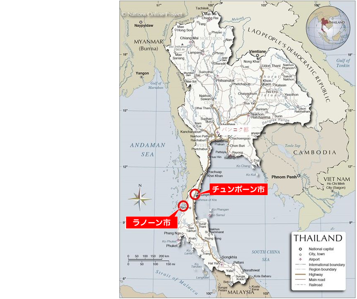 ラノーン市とチュンポーン市の位置（タイの地図）