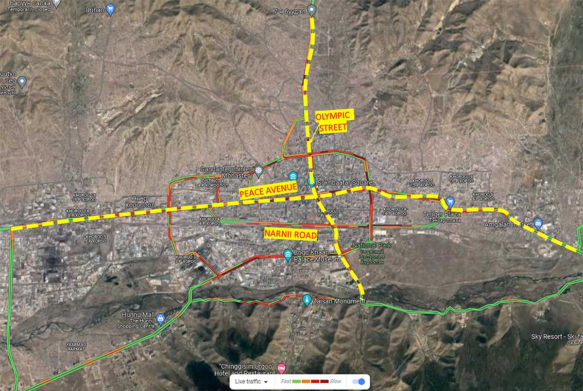 図：ウランバートル市の主要道路図（衛星画像ベース）