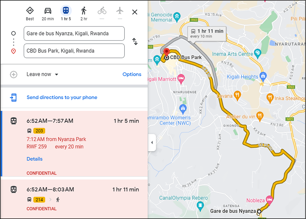 screenshot: Route search results after GTFS implementation (Google Maps) 